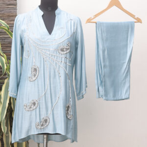 Ice Blue Cotton Muslin Embroidered Co-ord Set
