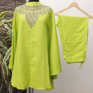 Parrot Green Hand-Embroidered Cotton Silk Co-ord Set