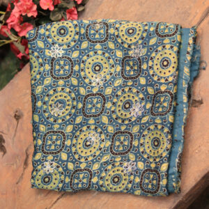 Ajrakh Print Hand-Embroidered Modal Fabric – Blue Elegance